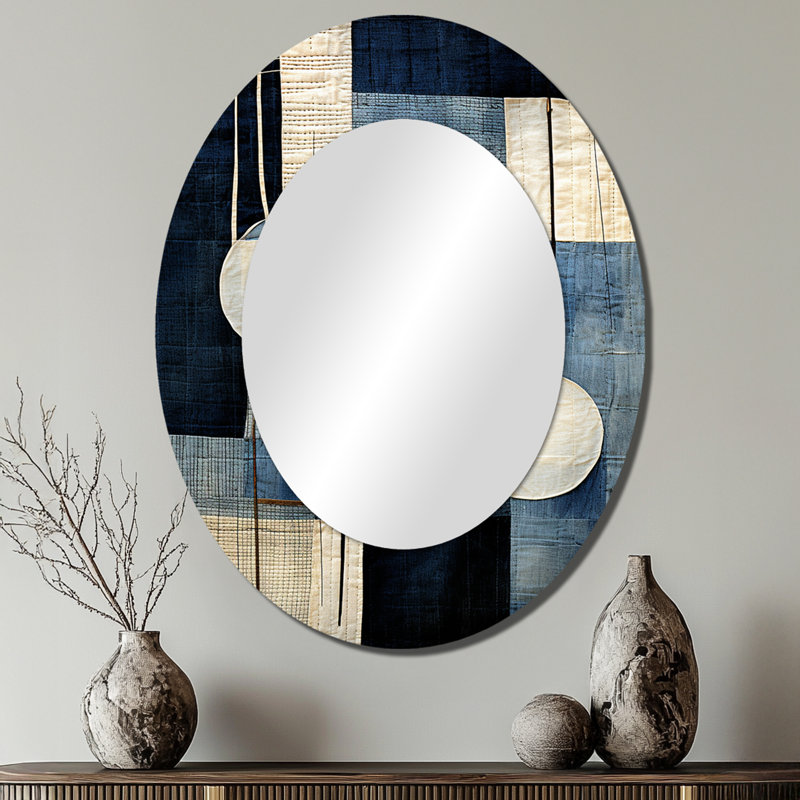 Blue Azure Geometric Collages - Blue Modern Oval Wall Mirror, 40" H x 30" W