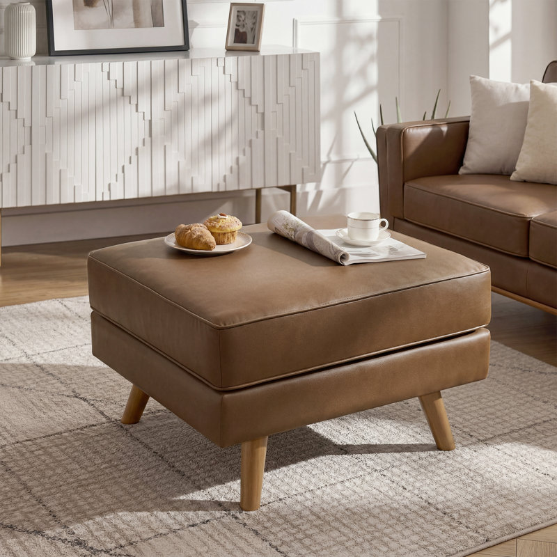 29.7''W Upholstered Mid-Century Modern Ottoman,Faux Leather Footrest With Soild Wood Legs, Coffee Table Stool For Living Room, Bedroom, Entryway