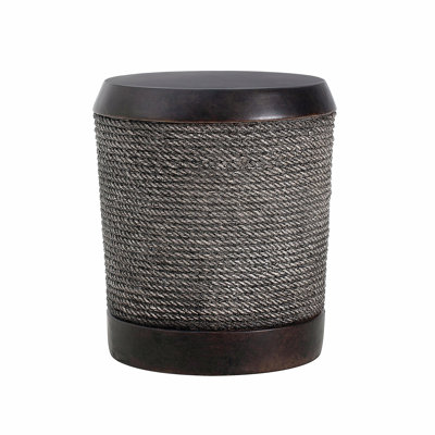 Outdoor Dark Brown Simulated Braided Cord MGO Side Table with Vintage Trim – Indoor Retro Cylindrical End Table for Home & Patio Decor