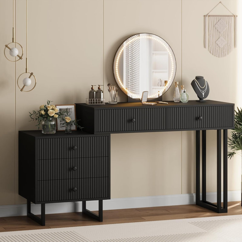 Modern Makeup Vanity Desk with Mirror & LED Lights, 5 Drawers, Adjustable Brightness, Bedroom Vanity Organizer, Black