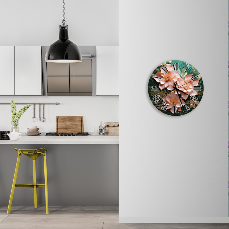 Horloge murale florale en verre trempé, horloge florale verte et pêche, Or anglais, 14 pouces