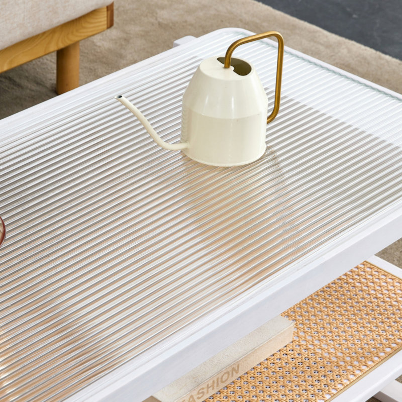 Modern Minimalist Double Layered Coffee Table. Glass Tabletop, Imitation Rattan  Edge Table. Rectangular Table Suitable For Living Room, Dining Room, And Bedroom
