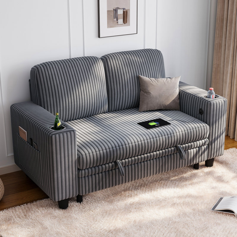 Sherry 56" Upholstered Storage Loveseat with Charging & Cup Holders, Milo Gray Corduroy