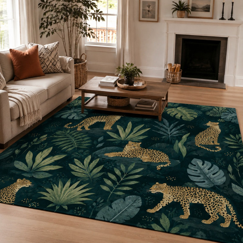 Tapis à motif de jungle léopard 1Pcs - grand, mince, lavable, facile à nettoyer, envers antidérapant, salon, chambre à coucher, cuisine, bureau