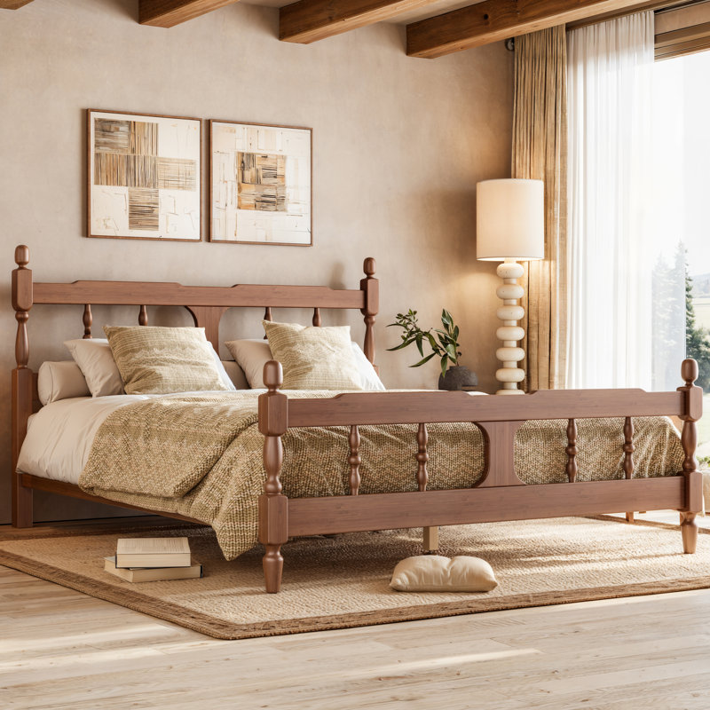 Cadre de lit en bambou Queen Size avec tête de lit découpée, style ferme, avec sommier à lattes en bois, sans sommier tapissier, montage facile, marron