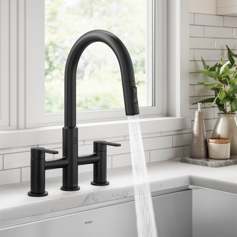 KRAUS Oletto Touchless Sensor Bridge Kitchen Faucet With Pull-Down Sprayhead, Matte Black
