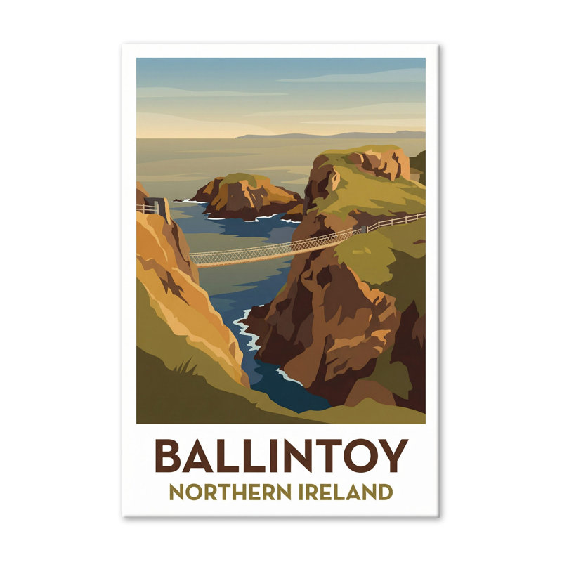 Ballintoy, Northern Ireland - Romantic Coastal Travel Poster Of Cliffs, Cove And Rope Bridge. Giclee Print On Wrapped Canvas. Wall Art, Home Decor - Cities & Towns, Northern Ireland - Wrapped Canvas Print