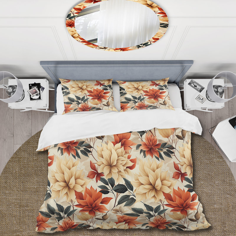 Beige And Red Autumn Flowers Garden - Ensemble de housse de couette rétro, Housse de couette pour grand lit et 2 taies décor