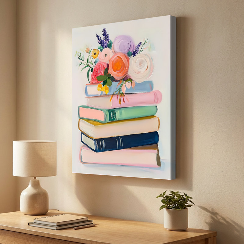 «Bibliophile's Bloom», livres empilés sur toile impressionniste - 24 po x 36 po x 1 po