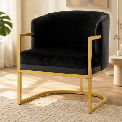 Fauteuil d'appoint moderne et confortable, fauteuil de lecture rembourré avec structure en métal doré, noir, pour salon, chambre ou bureau