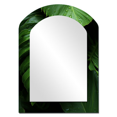 Feuilles de palmier Serenity - miroir mural arche verte, miroir décoratif asymétrique traditionnel, impression d'art en métal