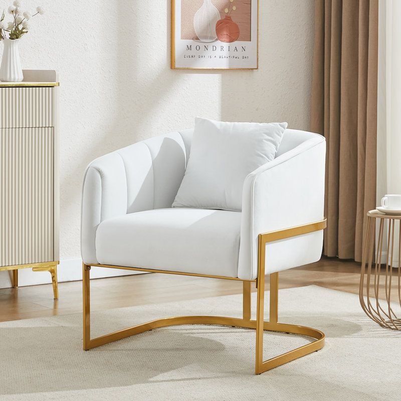 Upholstered Barrel Chair With Metal Base, White