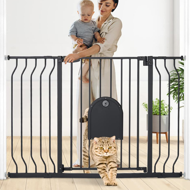 29.5-48.4" Walk-Thru Safety Gate with Adjustable Cat Door, Black