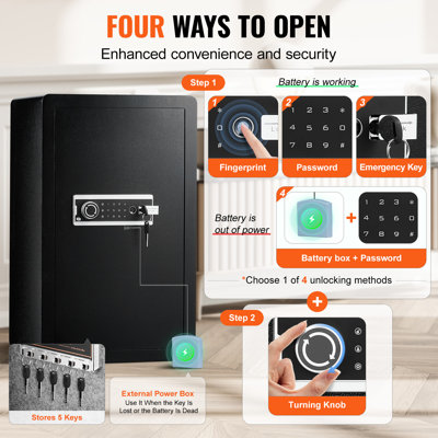 Coffre-fort à une porte de 113 litres (4 pi³) avec serrure à clé, 2 tablettes pour argent, mot de passe et empreinte digitale, sac ignifugé, porte-clés, éclairage DEL, pour documents, bijoux et objets de valeur, noir.