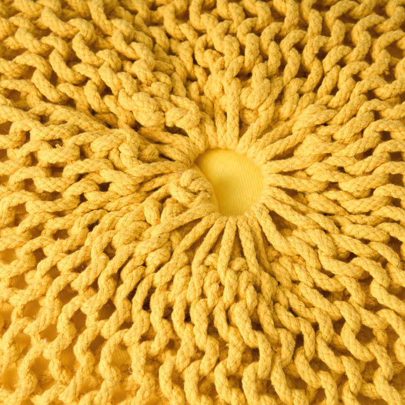 Cotton Upholstered Round Pouf Ottoman, Yellow