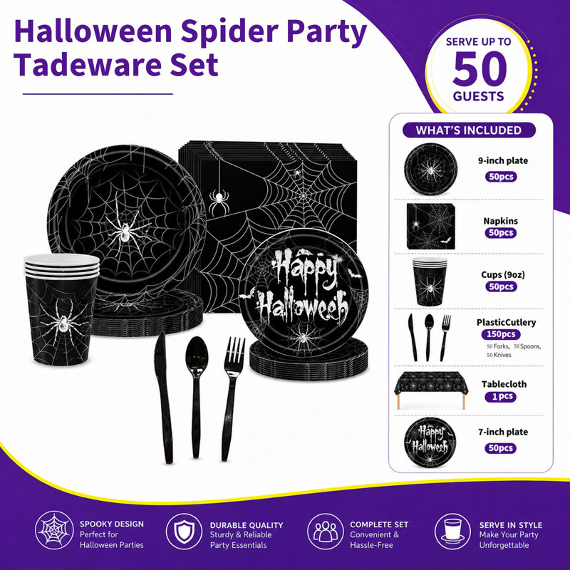 Ensemble 351 pièces de vaisselle de fête d'Halloween, fournitures de vaisselle jetables noires et blanches, assiettes en papier, serviettes de table, tasses, couverts et nappe en plastique, trousse Happy Halloween