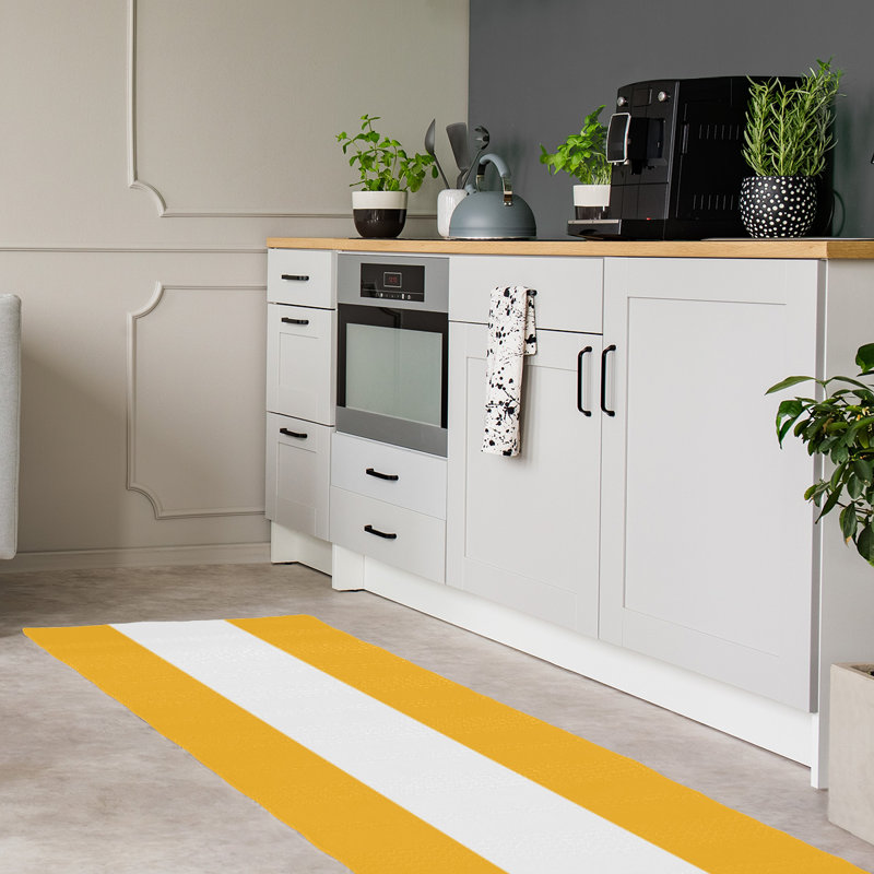 Tapis doré/blanc rayé, Tapis de couloir 2 pi 6 po x 8 pi