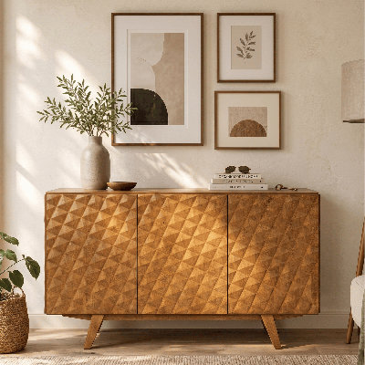  Sapa 53" Solid Wood Sideboard with 3D Carved Geometric Doors, 3 Doors, Adjustable Shelves, Mid-Century Modern Design, Easy Assembly, Teak Look