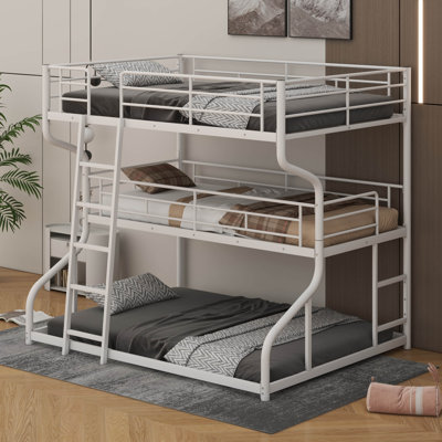 Metal Triple Bunk Bed For 3 Person, Full XL Over Twin XL Over Queen Size Bunk Bed With Long And Short Ladder