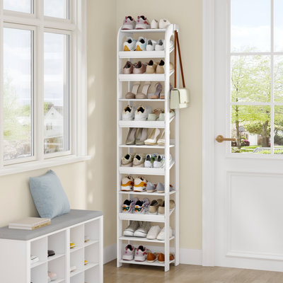 Vertical Shoe Rack, Shoe Shelves for Small Space, Freestanding Closet Wooden Shoes Organizer with Hooks, Adjustable Shoes Tower for Entryway, Living Room, White 11 Tier(42.5W cm) 