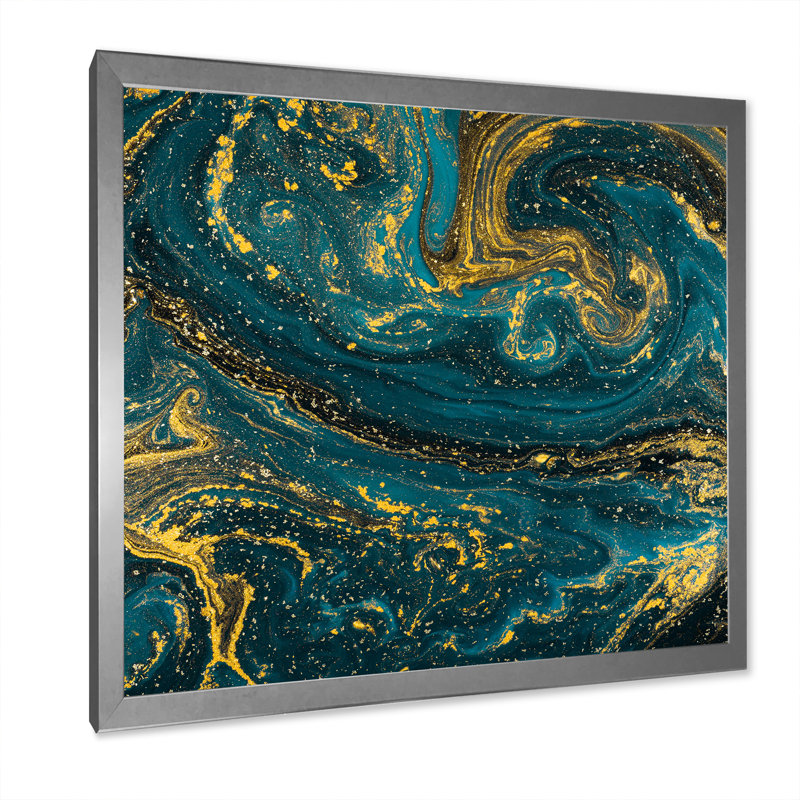Art bleu doré liquide II - art moderne sur toile, L 36 po x H 36 po, Toile argentée avec cadre photo