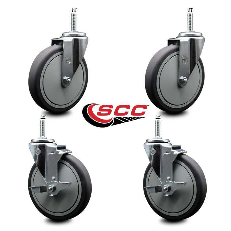 Rubber Wheel Swivel 3/4 Inch Threaded Stem Caster Set 2 Brakes