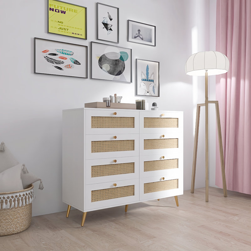 Commode contemporaine 8 tiroirs avec rotin