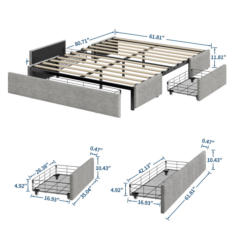 Structure de lit plateforme à 3 tiroirs avec rangement sous le lit, sans tête de lit - Base compacte à profil bas - Grand, gris clair