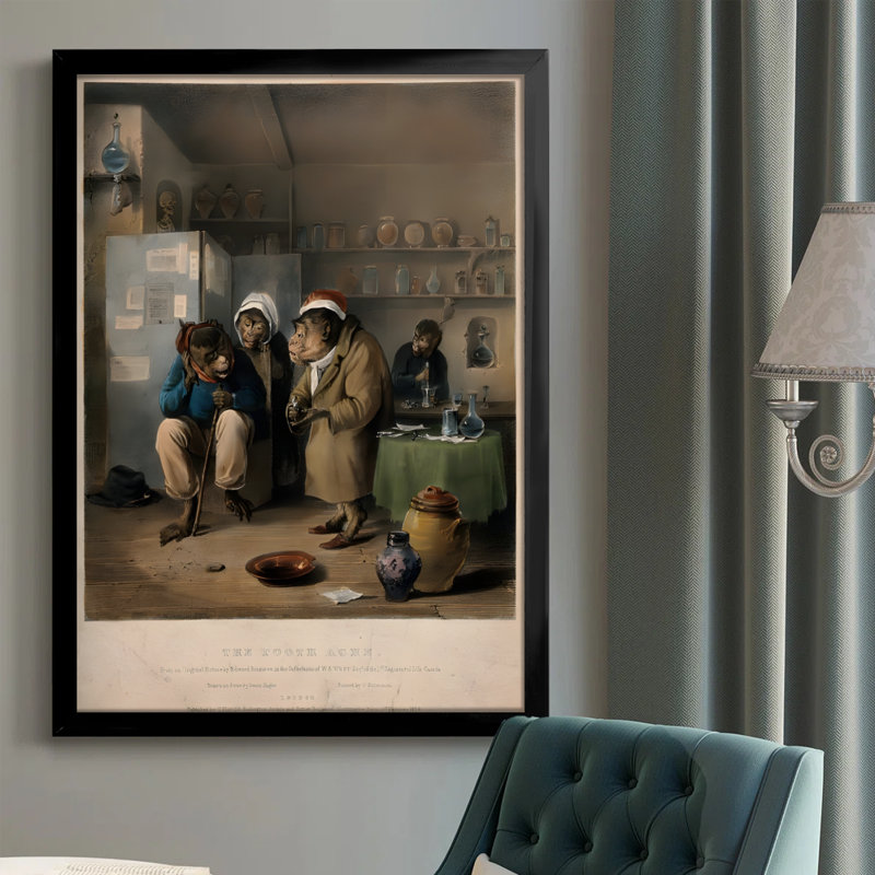 Des singes modernes et abstraits dans un cabinet de dentiste, l'un d'entre eux souffrant de maux de dents, de style Lithographie victorienne. Art mural 24 "x 36" avec cadre en bois noir