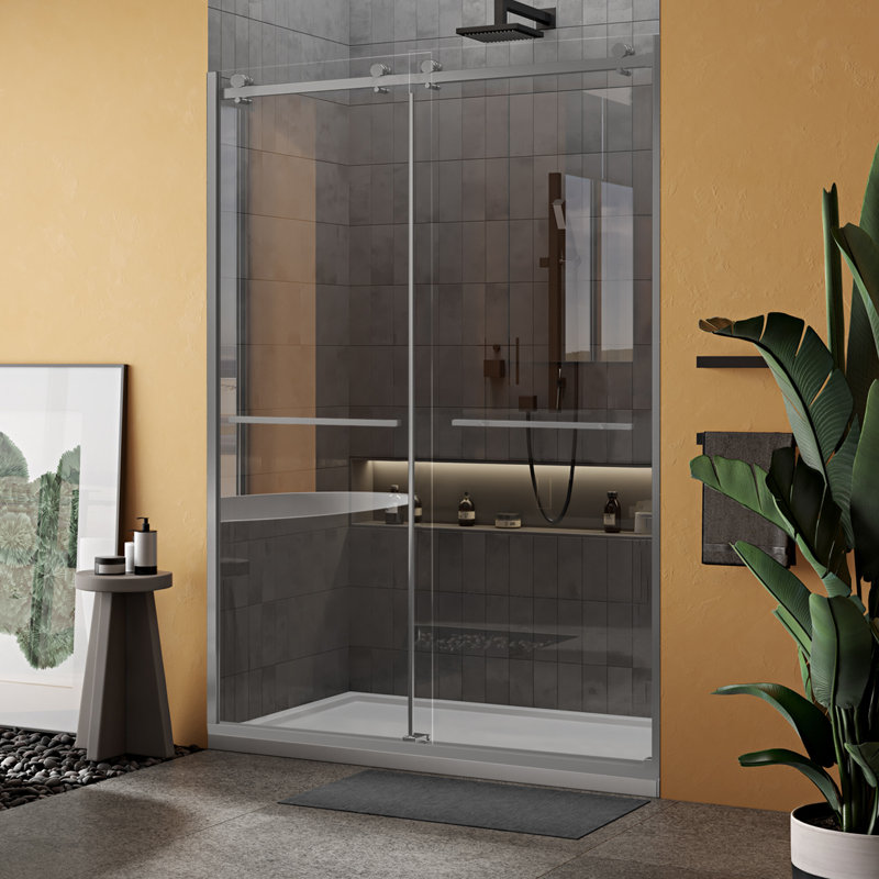 56" - 60" W 74” H Double Sliding Frameless Shower Door with Fixed Glass Panel, Nickel