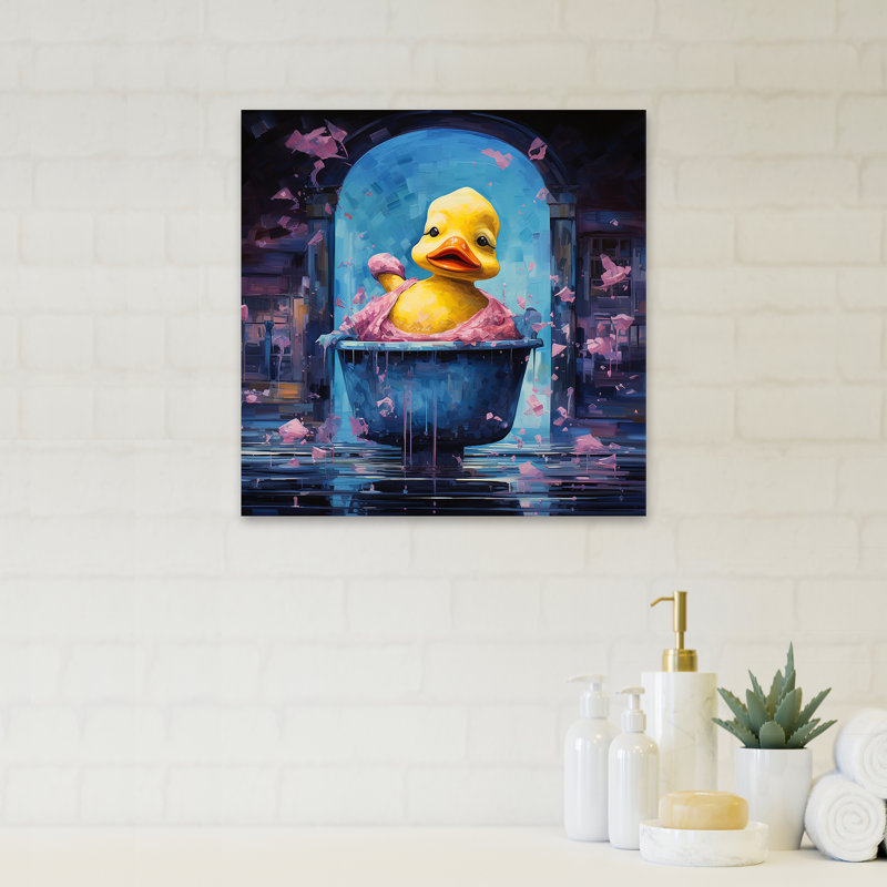 Playful Yellow Duck In Bathtub  II - Bathroom Wall Art, 16" H x 16" W