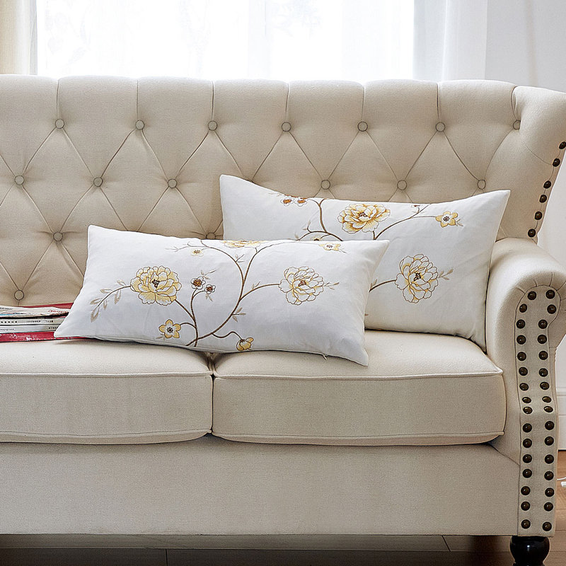 Spring Flower Embroidered Pillow Cover, Gold