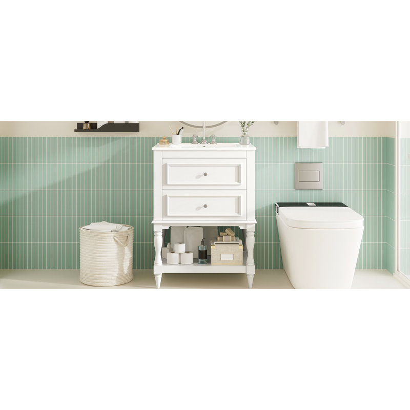 Meuble-lavabo de 24 po avec lavabo en céramique, tablette ouverte et 2 tiroirs, look de palais rétro, rangement pratique, finition évier ultrabrillant