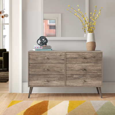 Breux Mid-Century Modern 6-Drawer Double Dresser for Bedroom, Wide Chest of Drawers, Contemporary Bedroom Furniture, 16.75" D x 52.50" W x 33" H, Drifted Gray