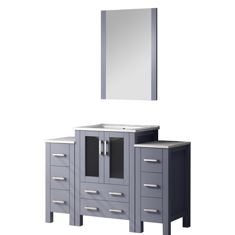 Meuble-lavabo de salle de bain 48 po Large gris foncé, armoires latérales, plateau en céramique blanche, 22 miroirs - apparence grattoir et teinture avec meuble-lavabo gris, fermeture en douceur
