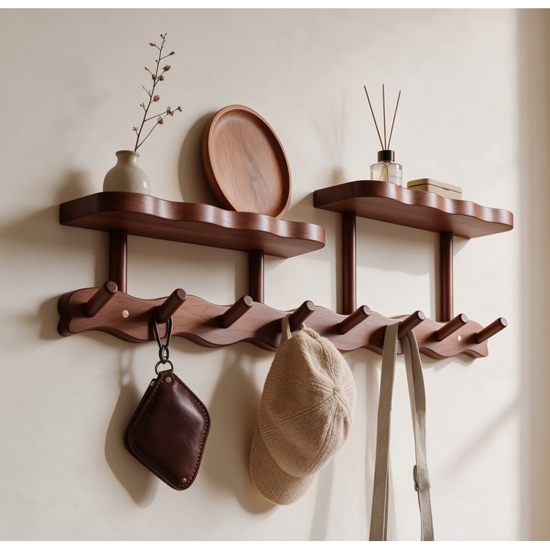 Solid Wood Entryway Coat Rack with 8 Hooks & Dual Shelves