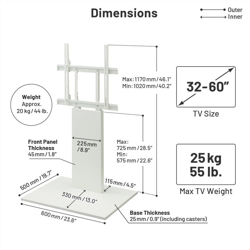 Universal Rolling TV Stand With Concealed Wheels, Adjustable Height, Slim Design, And Built-In Cable Management For 32-60 Inch Tvs