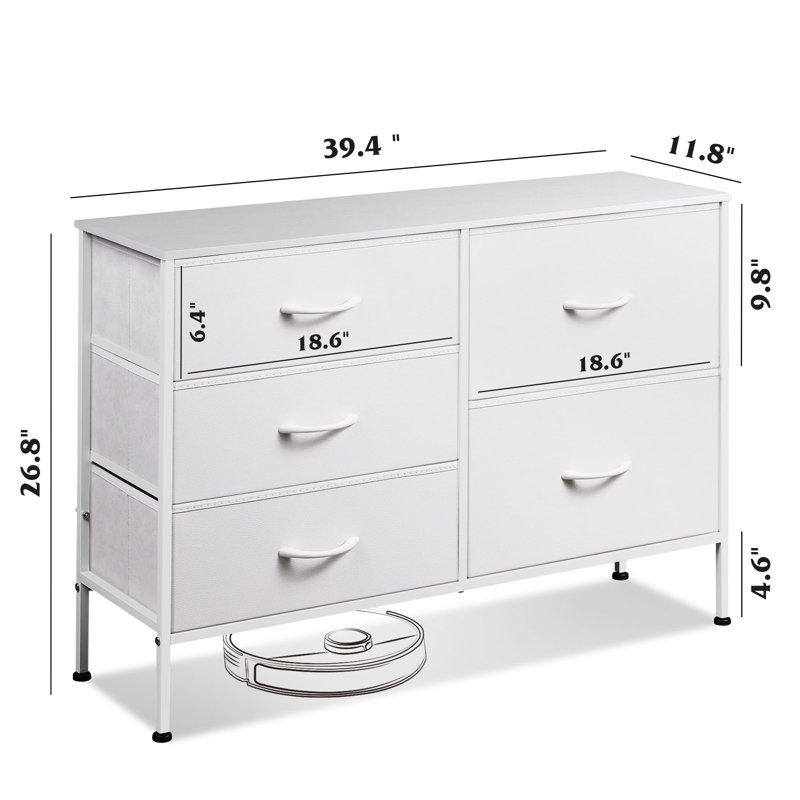 Chaseburg 5-Drawer Dresser With Wooden, 39.4'' White Dresser With Steel Frame, Wide Chest of Drawer For Hallway, Bedroom Dresser