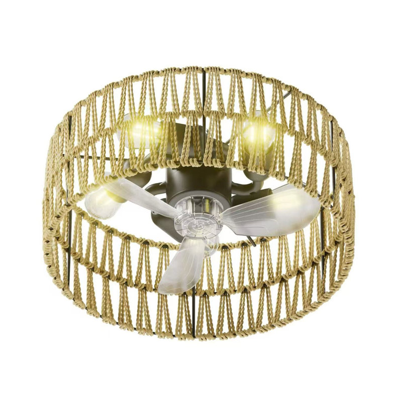 Ventilateur de plafond Boho Rattan Cage avec lumière, ventilateur encastré à profil bas avec télécommande, conception moderne en macramé pour chambre à coucher, salon et cuisine