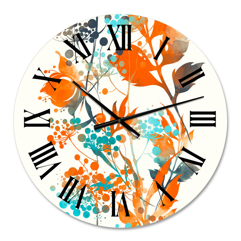 Horloge murale verte et orange Wildflowers III, Petit