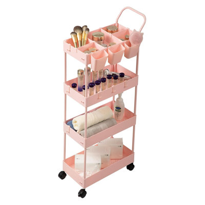 Slim Rolling Storage Cart With Wheels, 4-Tier Organizer With Dividers, Hanging Cups & Hooks, Space-Saving Bathroom Laundry Cart, Easy Assembly