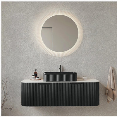 Meuble-lavabo de salle de bain 48 po avec lavabo, lavabo à fixation murale à bords arrondis flottant avec 2 tiroirs, lavabo rectangulaire en céramique noir, sans robinet, pré-assemblé, couleur noire