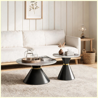 Ensemble de tables basses gigognes 2 pièces, plateau en pierre frittée avec piédestal noir et anneau décoratif