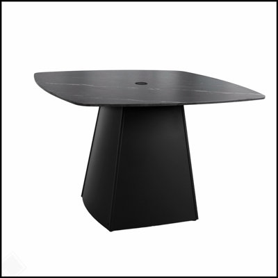 Modern 44 Inch Rounded Square Outdoor Pedestal Dining Table, Black Sintered Stone Top, Flared Pyramid Aluminum Base, Weather-Resistant, Rust-Free, for Patio, Deck, Poolside, Balcony – Seats 4