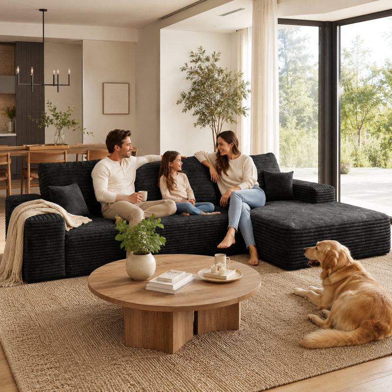 Canapé modulaire 107 po Corduroy avec méridienne orientée vers la droite, Black