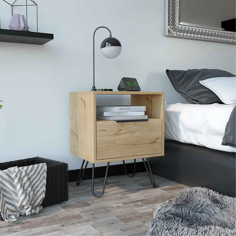 Nightstand Skyoner, Single Drawer, Hairpin Legs, Light Oak Finish, Light Oak