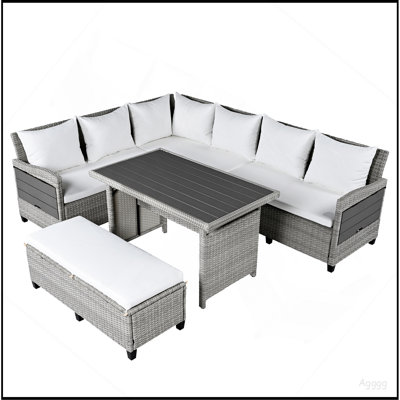 Ensemble de canapé de patio extérieur en rotin 5 pièces, ensemble de mobilier de jardin en forme de L en osier modulaire avec 2 tables d'appoint extensibles, table de salle à manger et housses lavables pour la cour, la piscine, l'intérieur, blanc