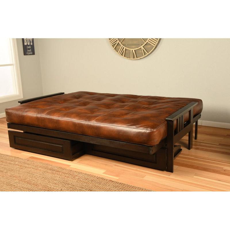 Stratford Queen 86'' Upholstered Futon And Mattress, Oregon Trail Saddle, Espresso