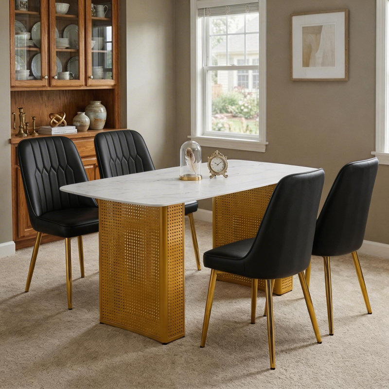 Ensemble de table de salle à manger rectangulaire en verre 55,1 "pour 4 personnes, ensemble de table de salle à manger en faux marbre avec 4 chaises rembourrées, peu encombrant