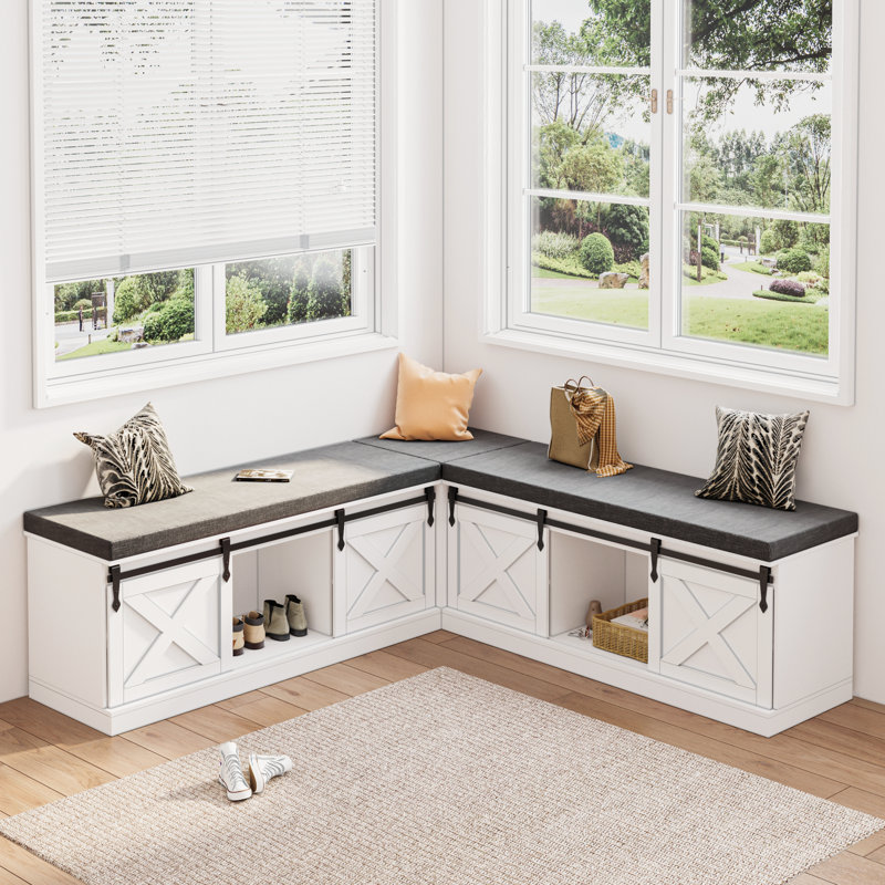 L Shape Corner Bench With Storage, Farmhouse Breakfast Nook Bench, Flip-top Shoe Storage Benches With Cushion For Entryway, Hallway, Living Room, White & Grey